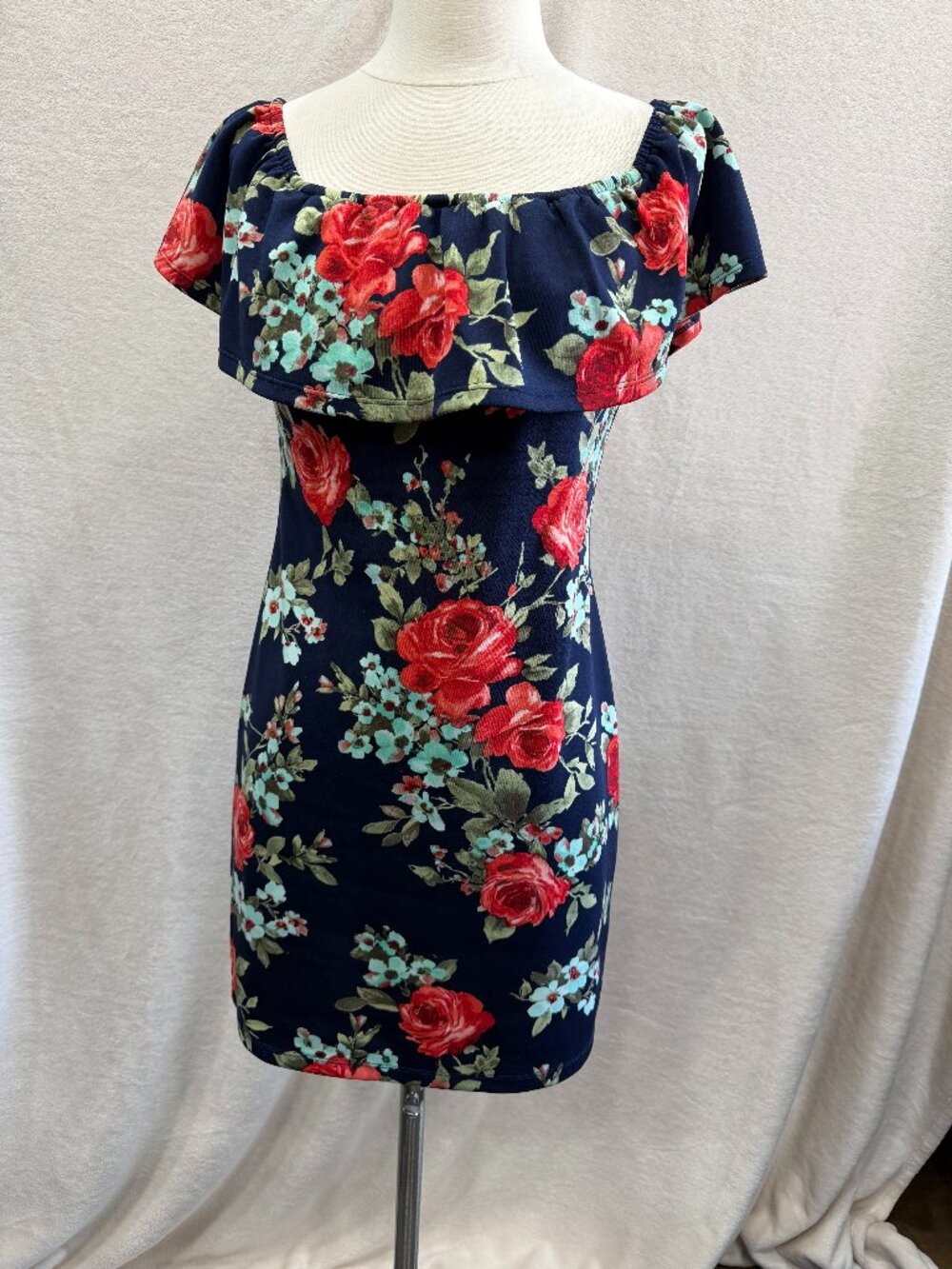 Crystal Doll Navy Floral Off Shoulder Dress Stretch Bodycon Large